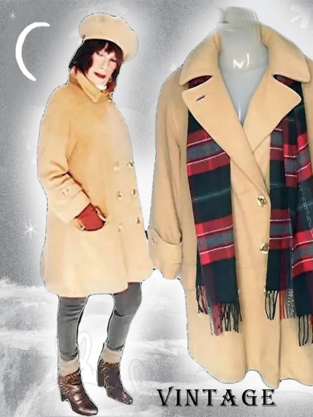 Camel Peacoat Vintage A Line Coat Double Breasted + TARTAN SCARF
